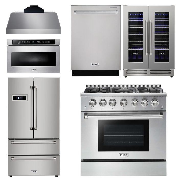 Thor Kitchen Package - 36" Gas Range, Range Hood, Microwave, Refrigerator, Dishwasher, Wine Cooler, AP-HRG3618U-C-6