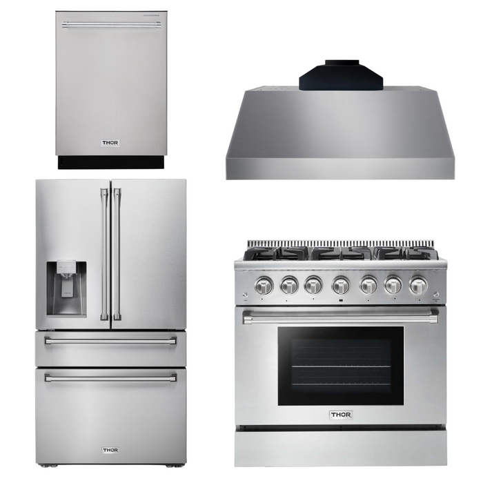 THOR Kitchen Package - 36" Gas Range, Range Hood, Refrigerator with Water and Ice Dispenser, Dishwasher, AP-HRG3618U-C-7