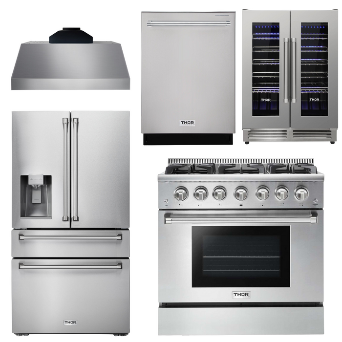 THOR Kitchen Package - 36" Propane Gas Range, Range Hood, Refrigerator with Water and Ice Dispenser, Dishwasher, Wine Cooler, AP-HRG3618ULP-C-8