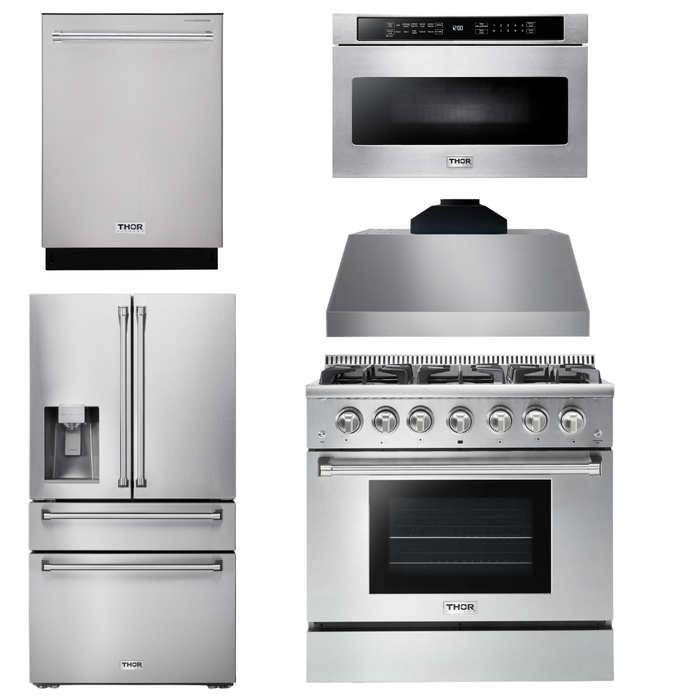 THOR Kitchen Package - 36" Gas Range, Range Hood, Microwave, Refrigerator with Water and Ice Dispenser, Dishwasher, AP-HRG3618U-C-9