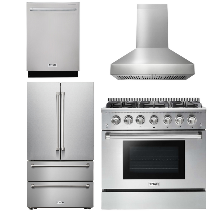 Thor Kitchen Package - 36 In. Natural Gas Burner/Electric Oven Range, Range Hood, Refrigerator, Dishwasher, AP-HRD3606U-W-11