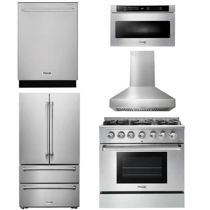 Thor Kitchen Package - 36 In. Propane Gas Burner/Electric Oven Range, Range Hood, Microwave Drawer, Refrigerator, Dishwasher, AP-HRD3606ULP-W-13