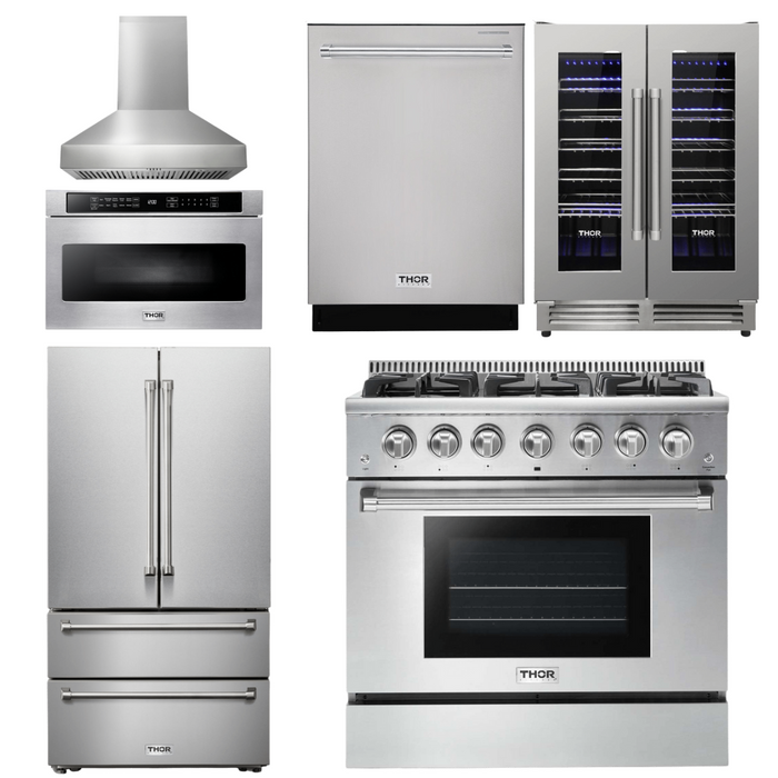 Thor Kitchen Package - 36" Dual Fuel Range, Range Hood, Microwave, Refrigerator, Dishwasher, Wine Cooler