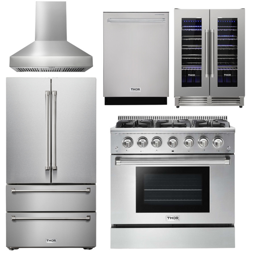 THOR Kitchen Package - 36" Gas Range, Range Hood, Refrigerator, Dishwasher, Wine Cooler, AP-HRG3618U-W-3