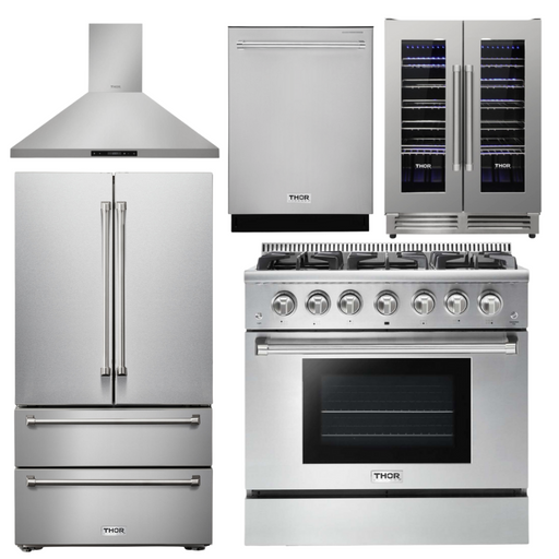 THOR Kitchen Package - 36" Propane Gas Range, Range Hood, Refrigerator, Dishwasher & Wine Cooler, AP-HRG3618ULP-4