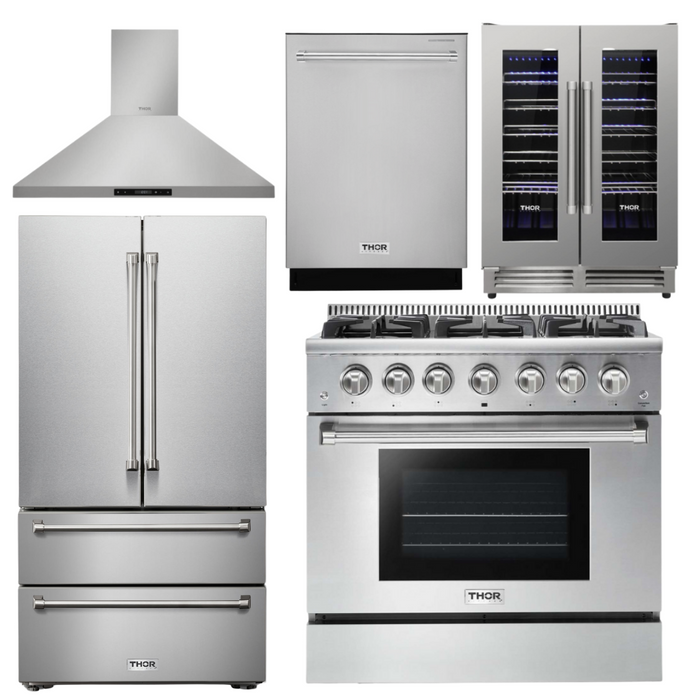 THOR Kitchen Package - 36" Propane Gas Range, Range Hood, Refrigerator, Dishwasher & Wine Cooler, AP-HRG3618ULP-4