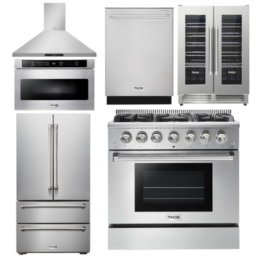 THOR Kitchen Package - 36" Propane Gas Range, Range Hood, Microwave, Refrigerator, Dishwasher, Wine Cooler, AP-HRG3618ULP-8