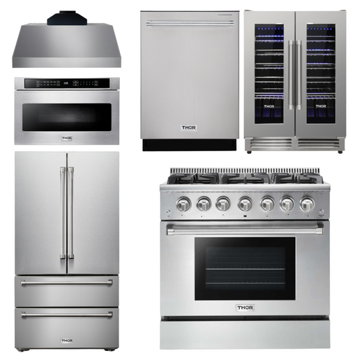 THOR Kitchen Package - 36" Propane Gas Range, Range Hood, Microwave, Refrigerator, Dishwasher, Wine Cooler, AP-HRG3618ULP-C-6