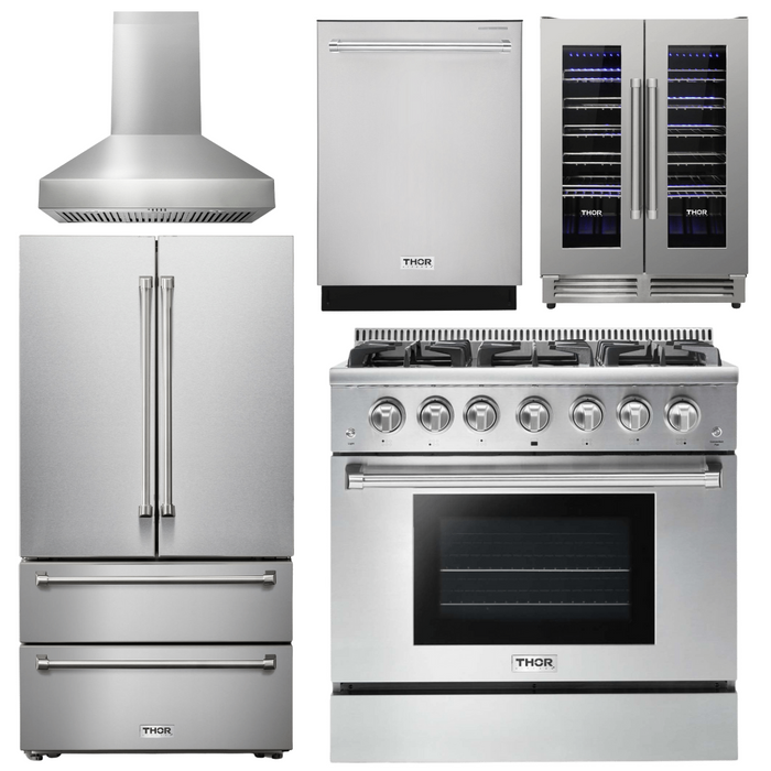 Thor Kitchen Package - 36 In. Propane Gas Burner/Electric Oven Range, Range Hood, Refrigerator, Dishwasher, Wine Cooler, AP-HRD3606ULP-W-12