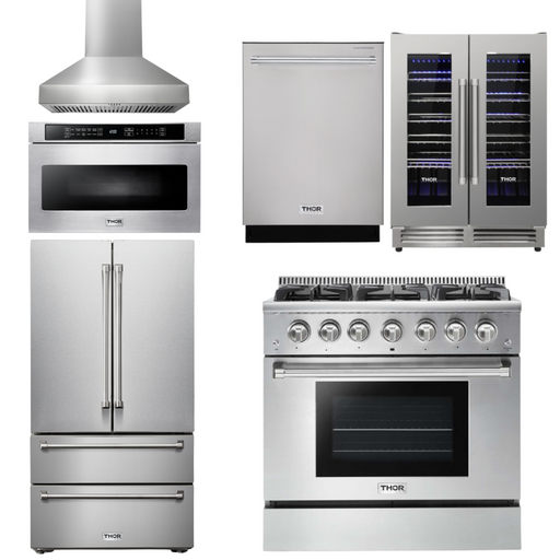 THOR Kitchen Package - 36" Propane Gas Range, Range Hood, Microwave, Refrigerator, Dishwasher, Wine Cooler, AP-HRG3618ULP-W-6