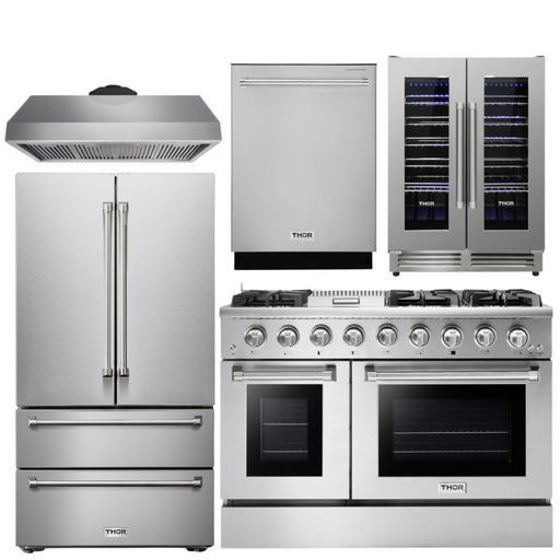 THOR Kitchen Package - 48" Gas Range, Range Hood, Refrigerator, Dishwasher, Wine Cooler, AP-HRG4808U-4