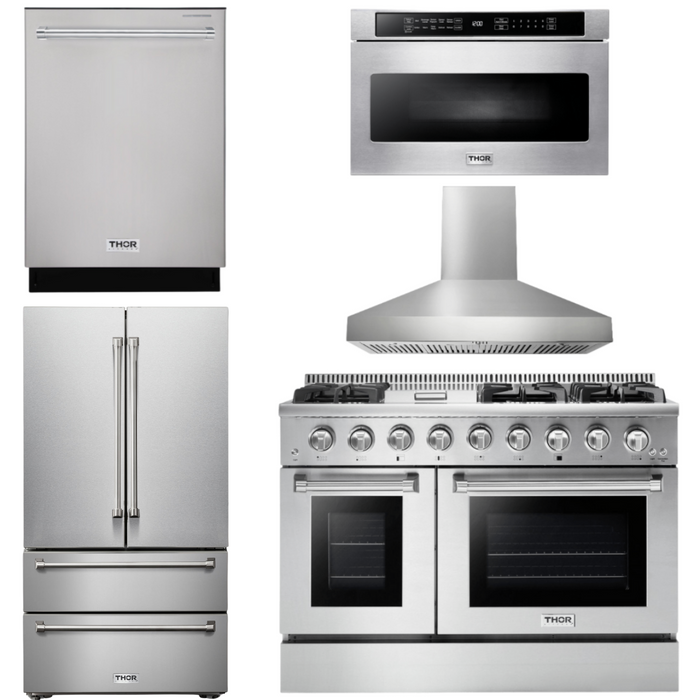 THOR Kitchen Package 48" Gas Range, Range Hood, Refrigerator, Dishwasher, Microwave, AP-HRG4808U-W-5