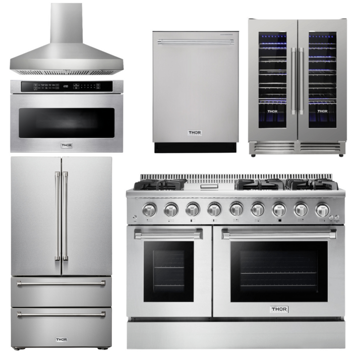 THOR Kitchen Package - 48" Gas Range, Range Hood, Refrigerator, Dishwasher, Microwave, Wine Cooler, AP-HRG4808U-W-6