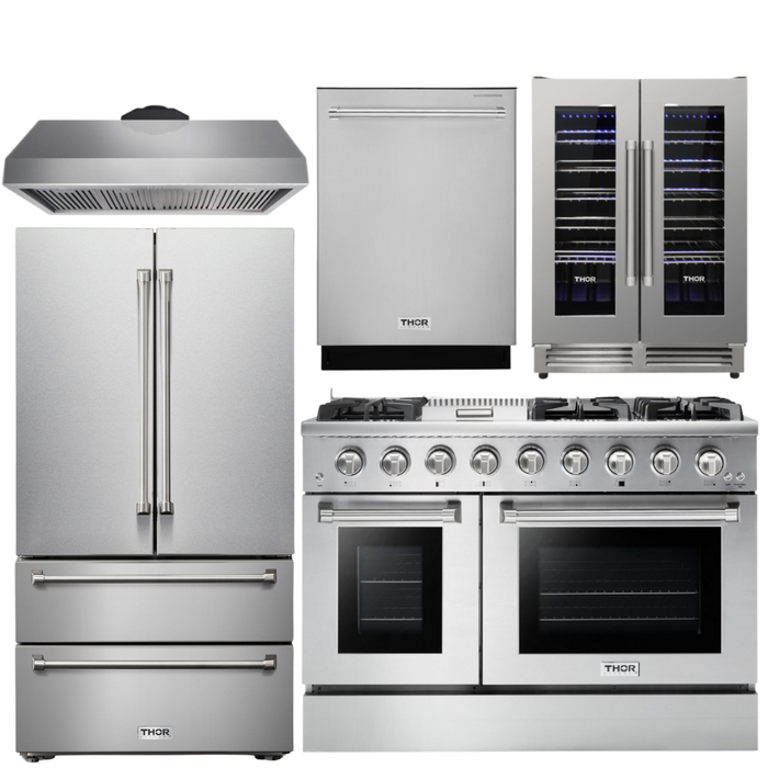 THOR Kitchen Package - 48" Propane Gas Range, Range Hood, Refrigerator, Dishwasher, Wine Cooler, AP-HRG4808ULP-4