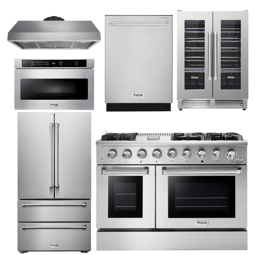 THOR Kitchen Package 48" Propane Gas Range, Range Hood, Refrigerator, Dishwasher, Microwave, Wine Cooler, AP-HRG4808ULP-8
