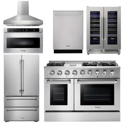 THOR Kitchen Package - 48" Propane Gas Range, Range Hood, Refrigerator, Dishwasher, Microwave, Wine Cooler, AP-HRG4808ULP-W-6