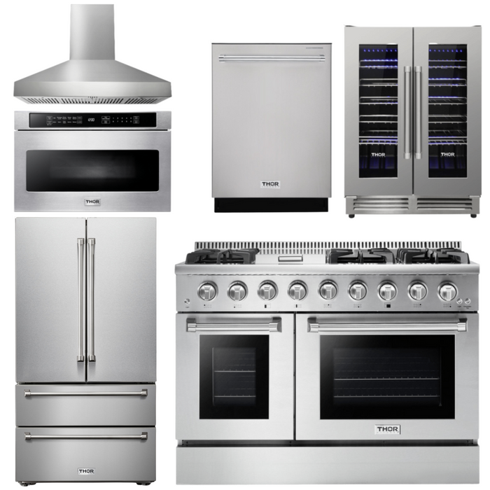 THOR Kitchen Package - 48" Propane Gas Range, Range Hood, Refrigerator, Dishwasher, Microwave, Wine Cooler, AP-HRG4808ULP-W-6