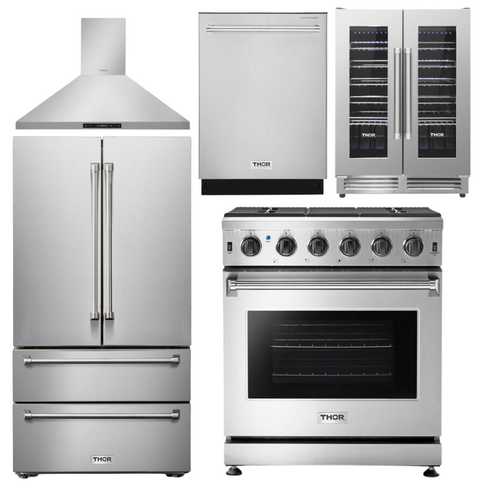 THOR Kitchen Package - 30" Gas Range, Range Hood, Refrigerator, Dishwasher, Wine Cooler, AP-LRG3001U-4