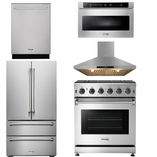 THOR Kitchen Package - 30" Gas Range, Range Hood, Microwave, Refrigerator, Dishwasher, AP-LRG3001U-7