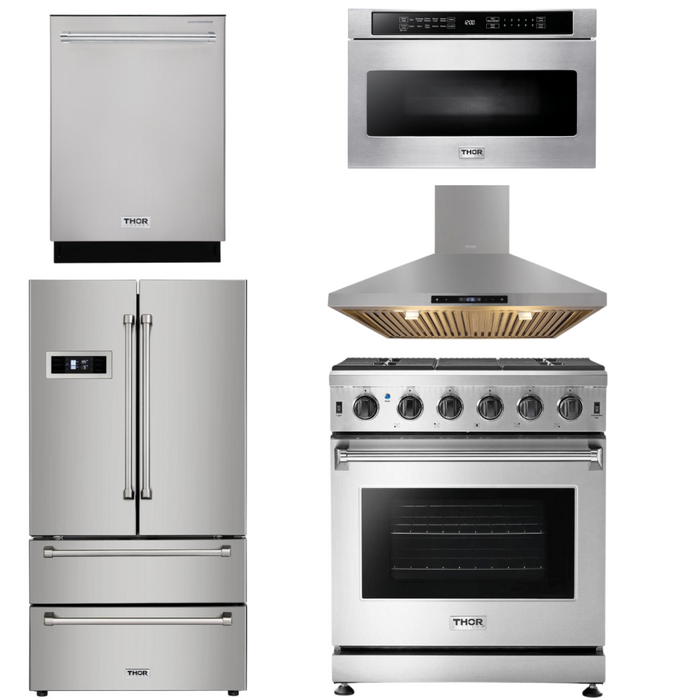 Thor Kitchen Package - 30" Gas Range, Range Hood, Microwave, Refrigerator, Dishwasher, AP-LRG3001U-7