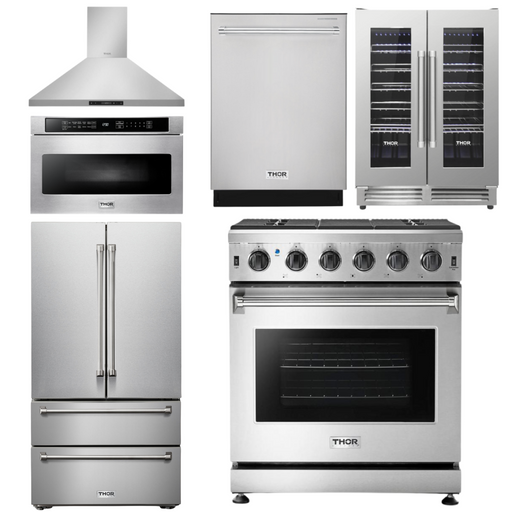 THOR Kitchen Package - 30" Gas Range, Range Hood, Microwave, Refrigerator, Dishwasher, Wine Cooler, AP-LRG3001U-8