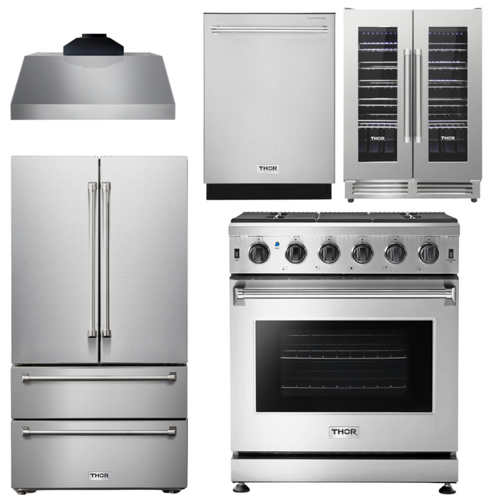 THOR Kitchen Package - 30" Gas Range, Range Hood, Refrigerator, Dishwasher, Wine Cooler, AP-LRG3001U-C-3