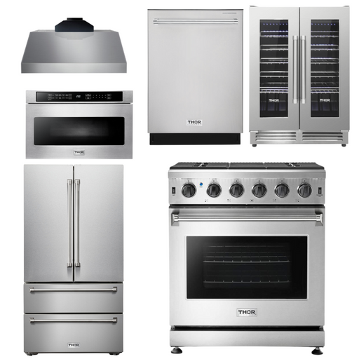 THOR Kitchen Package - 30" Gas Range, Range Hood, Microwave, Refrigerator, Dishwasher, Wine Cooler, AP-LRG3001U-C-6