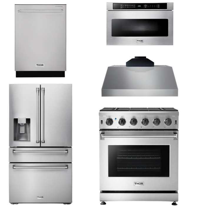 Thor Kitchen Package - 30" Propane Gas Range, Range Hood, Microwave, Refrigerator with Water and Ice Dispenser, Dishwasher, AP-LRG3001ULP-C-9