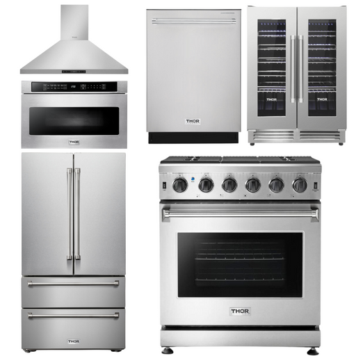THOR Kitchen Package - 30" Propane Gas Range, Range Hood, Microwave, Refrigerator, Dishwasher, Wine Cooler, AP-LRG3001ULP-8