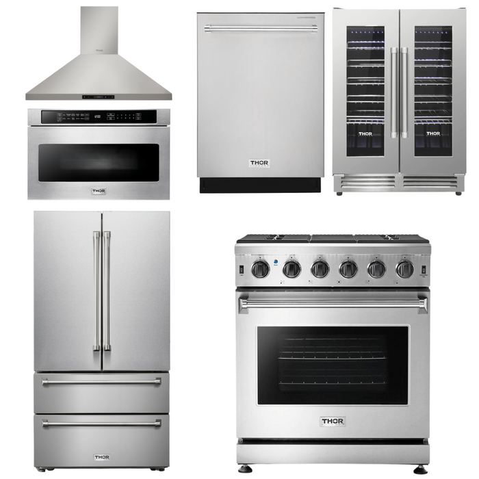 Thor Kitchen Package - 30" Propane Gas Range, Range Hood, Microwave, Refrigerator, Dishwasher, Wine Cooler, AP-LRG3001ULP-20