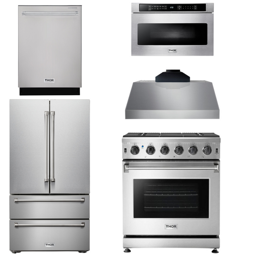 THOR Kitchen Package - 30" Propane Gas Range, Range Hood, Microwave, Refrigerator, Dishwasher, AP-LRG3001ULP-C-5