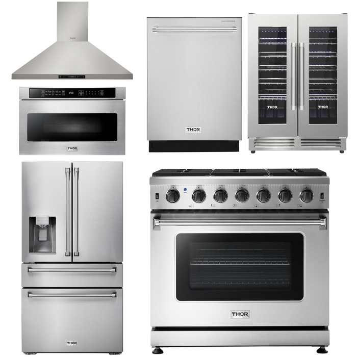 Thor Kitchen Package - 36" Gas Range, Range Hood, Microwave, Refrigerator with Fridge and Ice Maker, Dishwasher, Wine Cooler, AP-LRG3601U-14