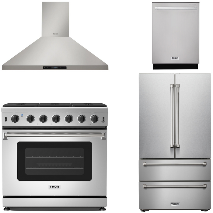 THOR Kitchen Package - 36" Gas Range, Range Hood, Refrigerator, Dishwasher, AP-LRG3601U-3