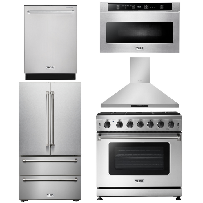 THOR Kitchen Package - 36" Gas Range, Range Hood, Microwave, Refrigerator, Dishwasher, AP-LRG3601U-7