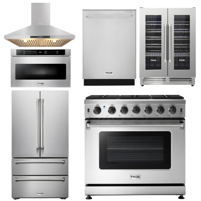 THOR Kitchen Package - 36" Gas Range, Range Hood, Microwave, Refrigerator, Dishwasher, Wine Cooler, AP-LRG3601U-8