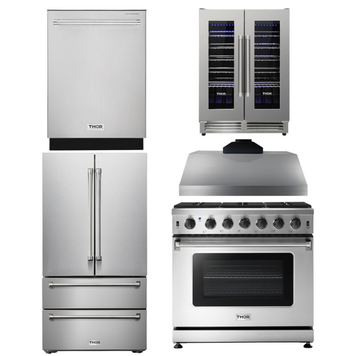 THOR Kitchen Package - 36" Gas Range, Range Hood, Refrigerator, Dishwasher, Wine Cooler, AP-LRG3601U-C-3