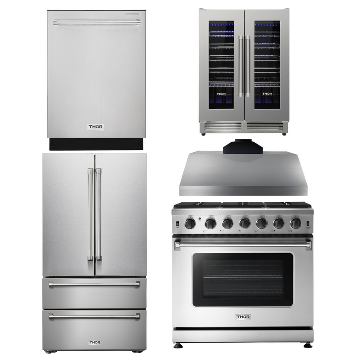 THOR Kitchen Package - 36" Gas Range, Range Hood, Refrigerator, Dishwasher, Wine Cooler, AP-LRG3601U-C-3