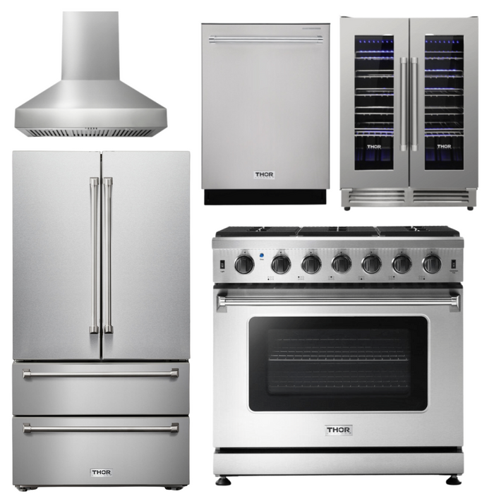 THOR Kitchen Package - 36 In Gas Range, Range Hood, Refrigerator, Dishwasher, Wine Cooler, AP-LRG3601U-W-3