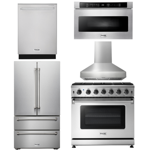 THOR Kitchen Package - 36 Inch Gas Range, Range Hood, Microwave, Refrigerator, Dishwasher, AP-LRG3601U-W-5