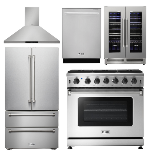 THOR Kitchen Package - 36" Propane Gas Range, Range Hood, Refrigerator, Dishwasher, Wine Cooler, AP-LRG3601ULP-4