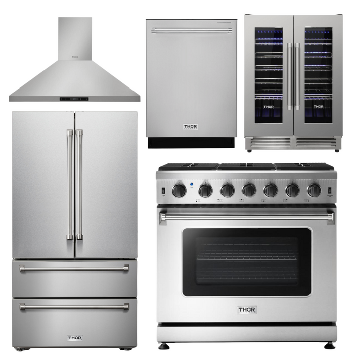 THOR Kitchen Package - 36" Propane Gas Range, Range Hood, Refrigerator, Dishwasher, Wine Cooler, AP-LRG3601ULP-4