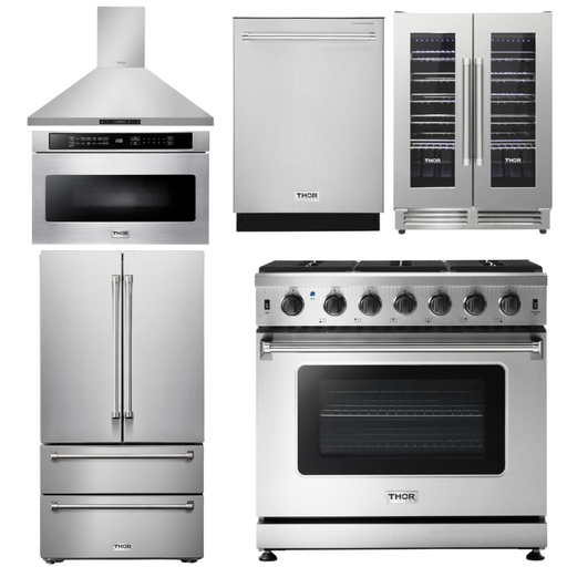 THOR Kitchen Package - 36" Propane Gas Range, Range Hood, Microwave, Refrigerator, Dishwasher, Wine Cooler, AP-LRG3601ULP-8