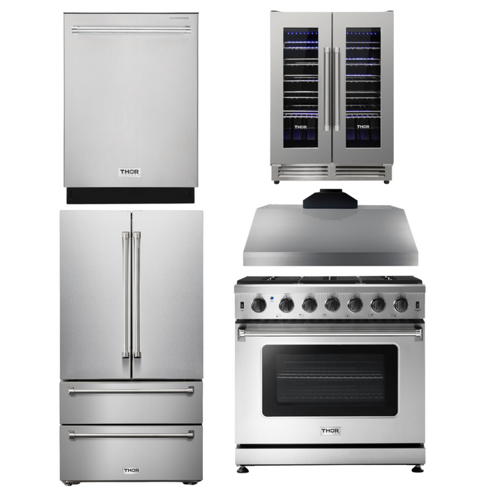 THOR Kitchen Package - 36" Propane Gas Range, Range Hood, Refrigerator, Dishwasher, Wine Cooler, AP-LRG3601ULP-C-3