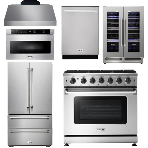 THOR Kitchen Package - 36" Propane Gas Range, Range Hood, Microwave, Refrigerator, Dishwasher, Wine Cooler, AP-LRG3601ULP-C-6