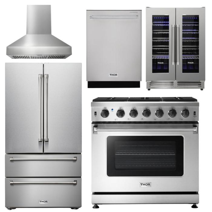THOR Kitchen Package - 36" Propane Gas Range, Range Hood, Refrigerator, Dishwasher, Wine Cooler, AP-LRG3601ULP-W-3