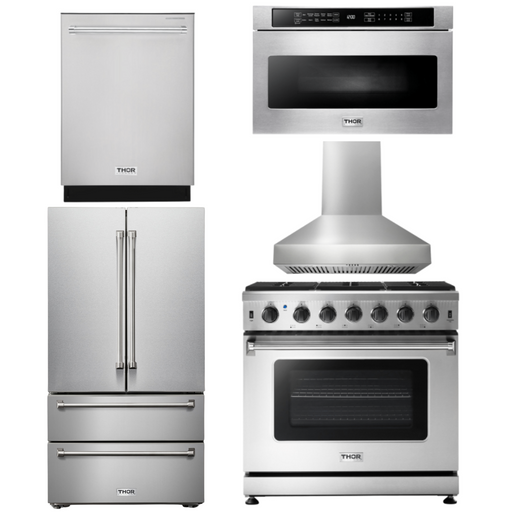 THOR Kitchen Package - 36" Propane Gas Range, Range Hood, Microwave, Refrigerator, Dishwasher, AP-LRG3601ULP-W-5