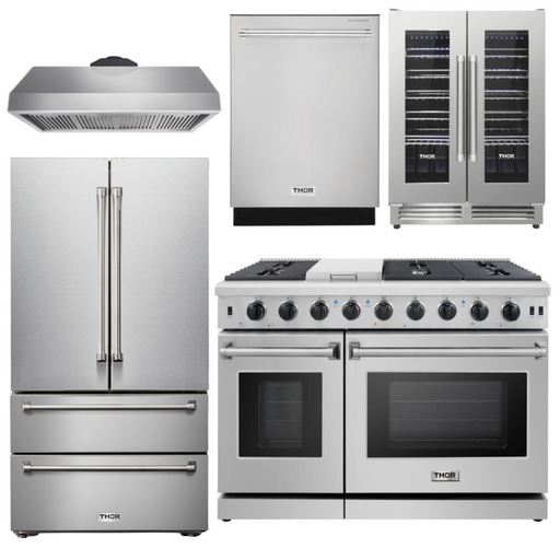 THOR Package - 48" Gas Range, Range Hood, Refrigerator, Dishwasher & Wine Cooler, AP-LRG4807U-4
