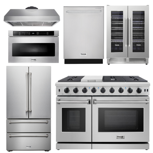 THOR Kitchen Package - 48" Gas Range, Range Hood, Refrigerator, Dishwasher, Wine Cooler, Microwave, AP-LRG4807U-8