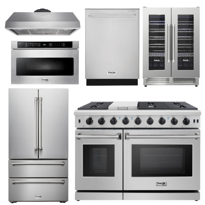 THOR Kitchen Package - 48" Gas Range, Range Hood, Refrigerator, Dishwasher, Wine Cooler, Microwave, AP-LRG4807U-8