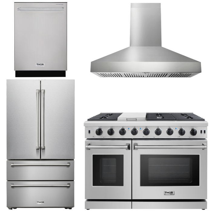 Thor Kitchen Package - 48" Gas Range, Range Hood, Dishwasher, Refrigerator, AP-LRG4807U-W-11